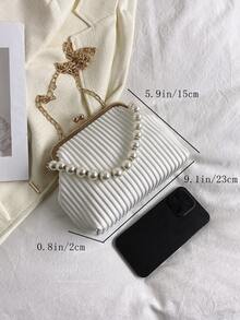 Geometric Embossed Dome Bag Kiss Lock Pearl Decor Chain Strap - Beige - View 6