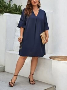 SHEIN Clasi Plus Notched Neckline Flounce Sleeve Dress - Navy Blue - View 4