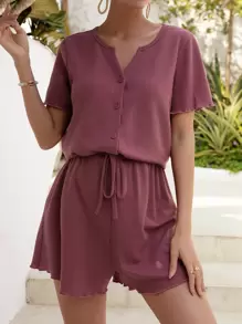 SHEIN Maternity Waffle Knit Lettuce Trim Tee & Adjustable Waist Shorts - Dusty Pink - View 5