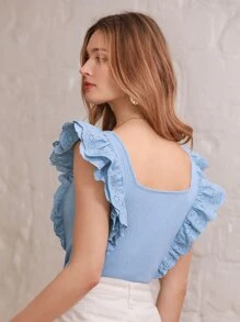 SHEIN Frenchy 荷葉邊方領T恤 - 淺藍色 - 查看 2