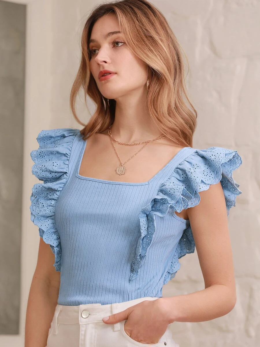SHEIN Frenchy 荷葉邊方領T恤 - 淺藍色 - 查看 1