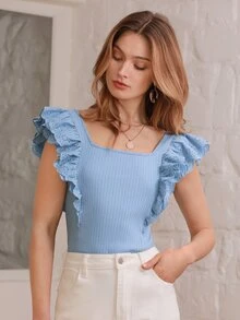 SHEIN Frenchy 荷葉邊方領T恤 - 淺藍色 - 查看 5