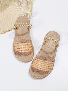 女士鏤空雙色平底涼鞋度假草編涼鞋 - 黃色 - 查看 5