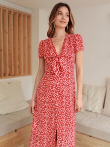 SHEIN Frenchy Ditsy Floral Print Knot Front Dress - Red and White - View 5