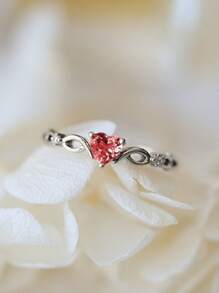 Cubic Zirconia Heart Decor Ring, Glamorous Heart Diamond Inlaid Ring - Red - View 2