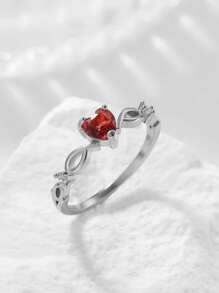 Cubic Zirconia Heart Decor Ring, Glamorous Heart Diamond Inlaid Ring - Red - View 3