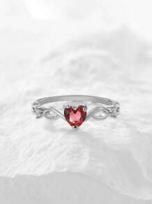 Cubic Zirconia Heart Decor Ring, Glamorous Heart Diamond Inlaid Ring - Red - View 4