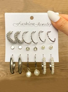 9對/套人造珍珠裝飾耳環時尚耳墜套裝女士珍珠圓耳環 - 銀色 - 查看 1