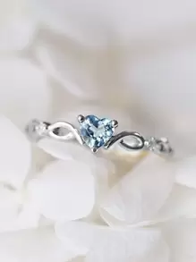 Nhẫn hình trái tim đính đá Cubic Zirconia, nhẫn hình trái tim lộng lẫy đính kim cương, quà tặng cho Ngày Valentine, Ngày của Mẹ. - Màu xanh nhạt - Xem 2