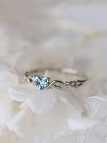 Nhẫn hình trái tim đính đá Cubic Zirconia, nhẫn hình trái tim lộng lẫy đính kim cương, quà tặng cho Ngày Valentine, Ngày của Mẹ. - Màu xanh nhạt - Xem 3