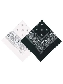 2pcs Men Paisley Print Sun Protection Bandana Boho - Black and White - View 2