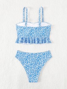 SHEIN Swim Conjunto de tankini con estampado floral diminuto, parte superior con tirantes acanalados y volantes en el bajo y Bottom tipo bikini, conjunto de 2 piezas para traje de baño, para vacaciones de verano en la playa - Azul y blanco - Ver 5
