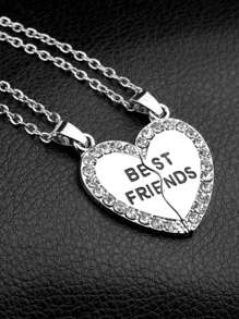 2pcs/set Rhinestone Trim Heart Shaped Series Necklace One Half Gift For Friends - Black and White - View 2