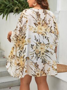 Plus Floral Print Batwing Sleeve Kimono - Multicolor - View 2