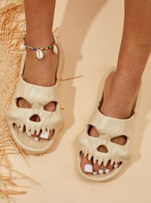 Women Skull Design Cut Out Slides, Cool Beige EVA Slides - Beige - View 3