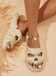 Women Skull Design Cut Out Slides, Cool Beige EVA Slides - Beige - View 5