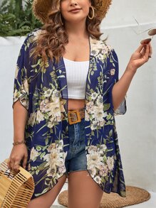 SHEIN Swim Curve Plus Size Floral Print Batwing Sleeve Kimono Summer - Navy Blue - View 3