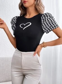 SHEIN Clasi 心和千鳥格印花泡泡袖T恤