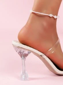 Women Double Strap Pyramid Heeled Sandals, Fashion PVC Mule Sandals - Beige - View 7