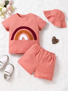 Toddler Girls Rainbow Pattern Tee With Shorts With Accessory Hat - Pink - View 1