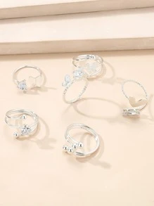 6pcs/Set Glamorous Butterfly & Cubic Zirconia Decor Ring For Women For Party For Holiday - Silver - View 2