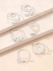 6pcs/Set Glamorous Butterfly & Cubic Zirconia Decor Ring For Women For Party For Holiday - Silver - View 3