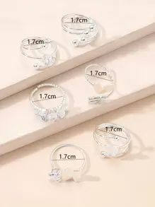 6pcs/Set Glamorous Butterfly & Cubic Zirconia Decor Ring For Women For Party For Holiday - Silver - View 4