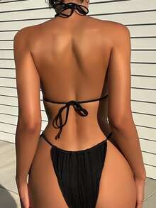 生菜邊領口三角型綁帶式夏季沙灘比基尼套裝 - 黑色 - 查看 2