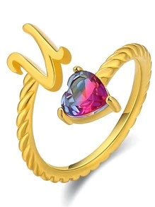 Trang trí trái tim & chữ cái bằng kim cương giả Vòng tay Vòng có thể điều chỉnh ban đầu Nhẫn chữ cái Đính đá Cubic Zirconia Nhẫn cho nữ Nhẫn xếp chồng Quà tặng trang sức sinh nhật cho mẹ Bạn gái - Vàng - Xem 9