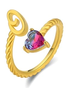 Trang trí trái tim & chữ cái bằng kim cương giả Vòng tay Vòng có thể điều chỉnh ban đầu Nhẫn chữ cái Đính đá Cubic Zirconia Nhẫn cho nữ Nhẫn xếp chồng Quà tặng trang sức sinh nhật cho mẹ Bạn gái - Vàng - Xem 25