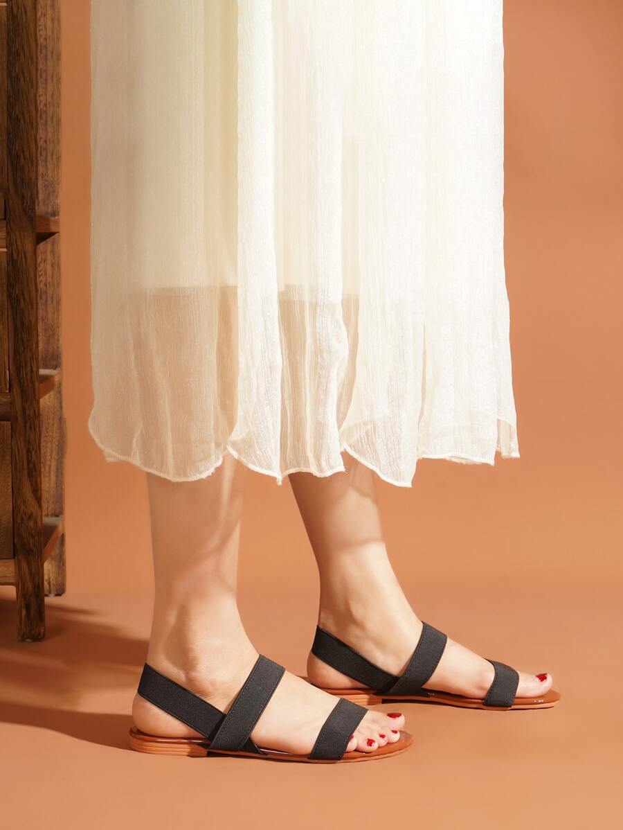 女士雙帶平底優雅黑色織物露跟平底鞋