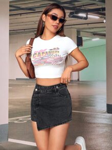 SHEIN PETITE High Waist Asymmetrical Hem Denim Skort - Grey - View 5