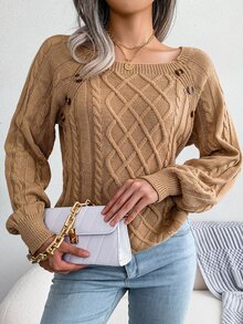 Jersey tejido de cable con diseño de botón de manga raglán - Caqui - Ver 3
