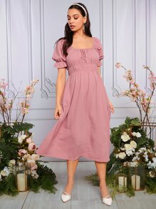 SHEIN Maternity Square Neck Puff Sleeve Dress - Dusty Pink - View 3