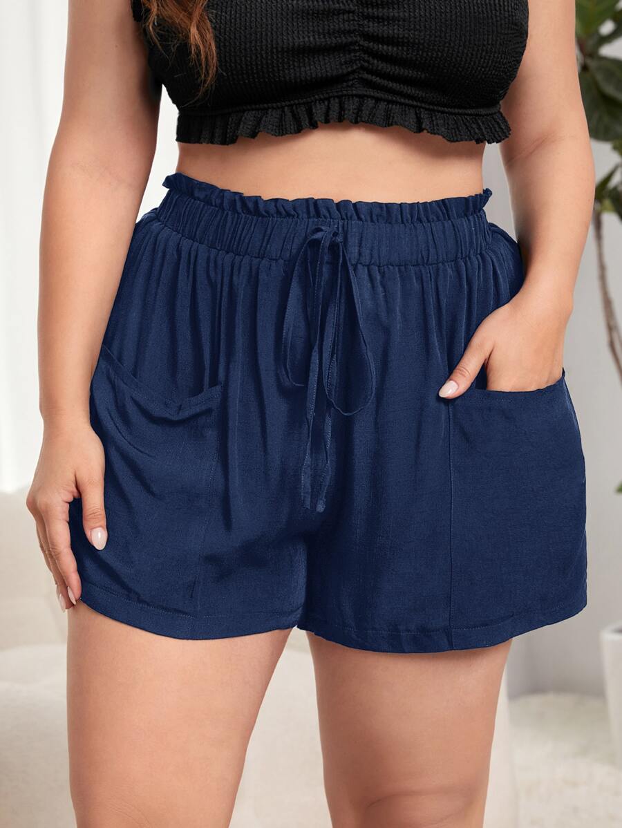 Plus Paperbag Waist Pocket Patched Knot Front Shorts - Navy Blue - View 1