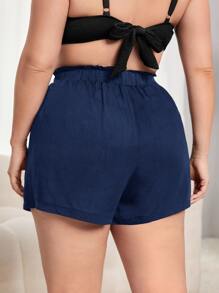 Plus Paperbag Waist Pocket Patched Knot Front Shorts - Navy Blue - View 2