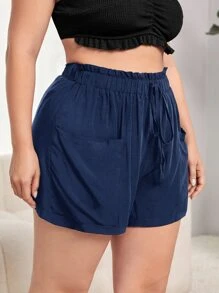 Plus Paperbag Waist Pocket Patched Knot Front Shorts - Navy Blue - View 4