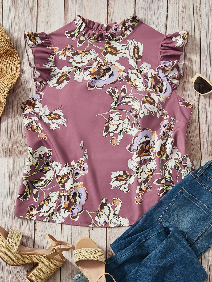 SHEIN Clasi 大碼印花荷葉邊襯衫 - 藕粉色 - 查看 1