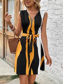 SHEIN LUNE Colourblock Zip Front Belted Dress - Multicolor - View 3