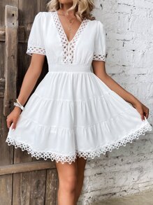 SHEIN WYWH 水溶蕾絲拼接荷葉邊連衣裙 - 白色 - 查看 6