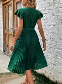 Breezaya 交疊領蝴蝶袖百褶下擺繫腰帶連衣裙 - 墨綠色 - 查看 2