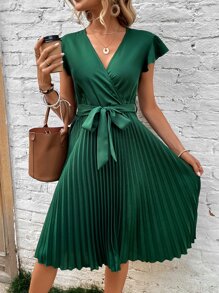 Breezaya 交疊領蝴蝶袖百褶下擺繫腰帶連衣裙 - 墨綠色 - 查看 4