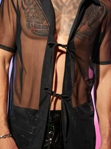 Manfinity Men Solid Tie Front Mesh Shirt - Black - View 5