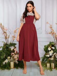 SHEIN 孕婦印花泡泡袖上衣和背帶裙