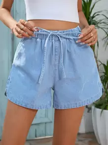 SHEIN LUNE Drawstring Waist Slant Pocket Denim Shorts