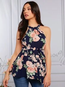 SHEIN Maternity Floral Print Belted Halter Top - Multicolor - View 3
