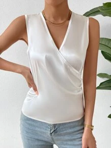 SHEIN Frenchy 素色圍裹細節緞面襯衫 - 白色 - 查看 6