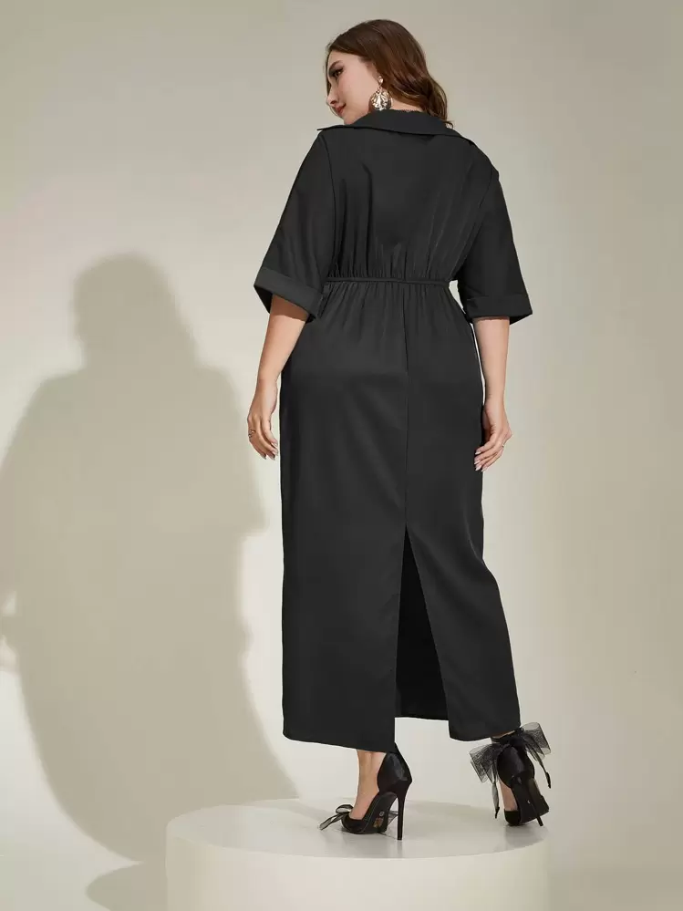 Modelyn Plus Twist Front Batwing Sleeve Split Back Dress - Black - View 2
