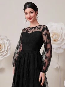 Modelyn 蕾絲拼接燈籠袖連衣裙 - 黑色 - 查看 5