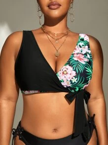 SHEIN Swim Curve Plus Tropical Print Knot Side Bikini Top - Multicolor - View 3